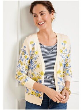 NWOT Talbots Whimsical Wildflower Floral V-Neck Cardigan Sweater Cream 2X
